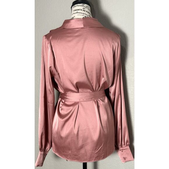 VICI Wrap Mini Dress Satin Type Shiny Front/Side tie Pink Elegant Sexy Sz Medium - Picture 5 of 5